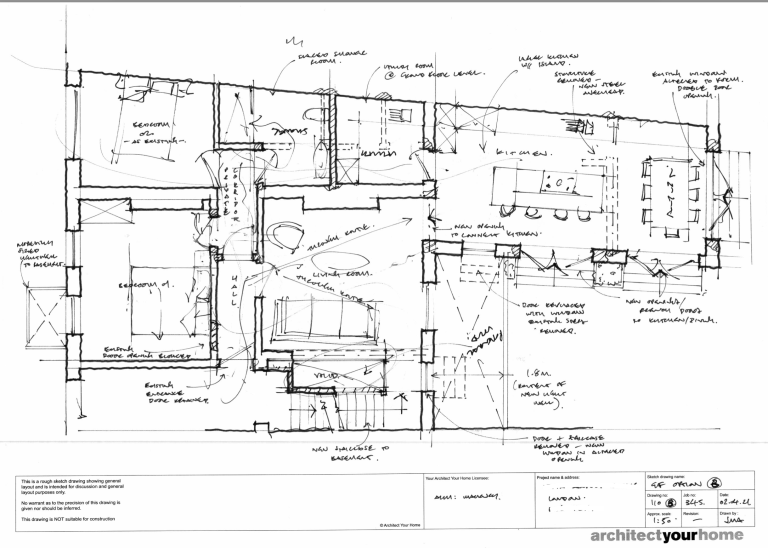 Hand-drawn architectural sketch showing proposed home layout improvements, created during a Vision Sketch Sprint session by Architect Your Home.